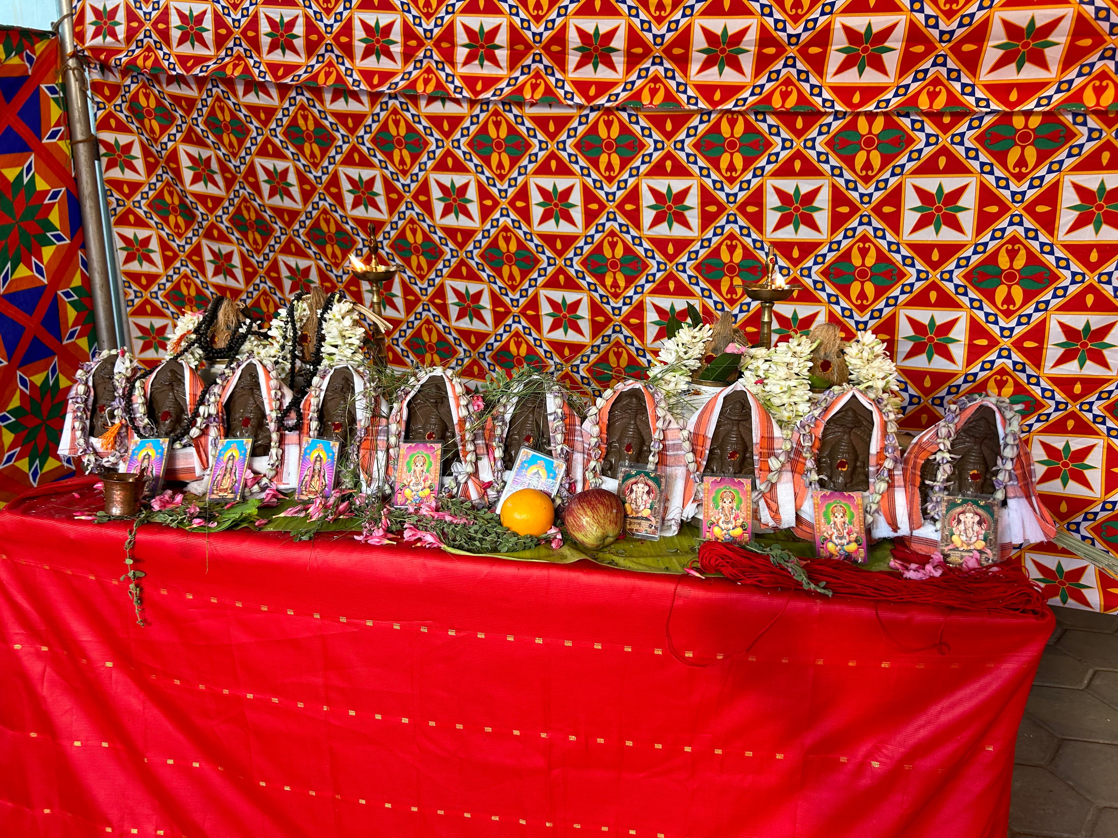 Ritual items arranged on banana leaf